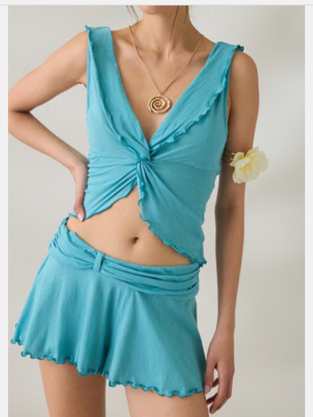 Urban Outfitters Out From Under Twist Front Turquoise Crop Top & Short Set